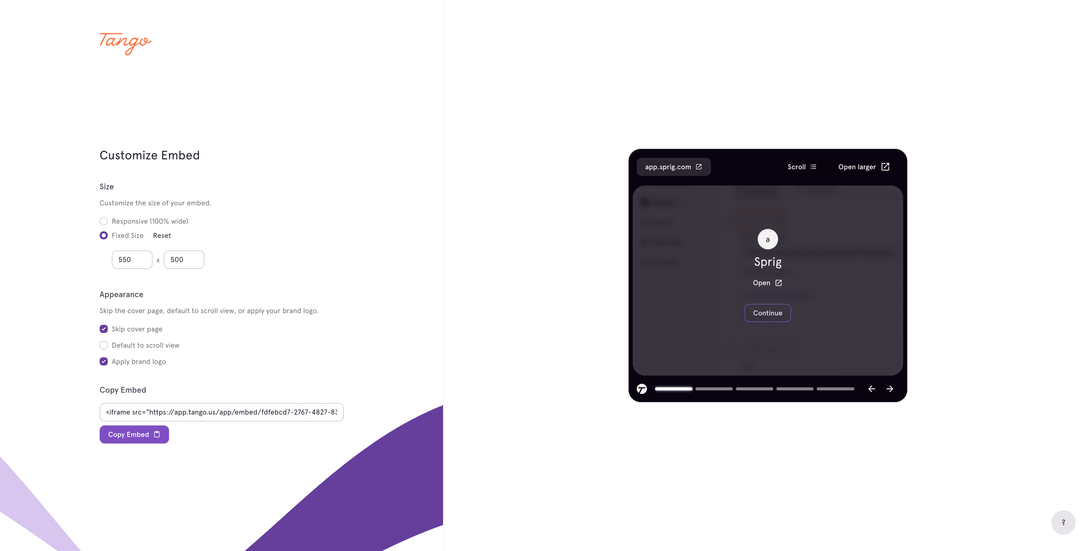 You can also set your embed sizing in the Preview page