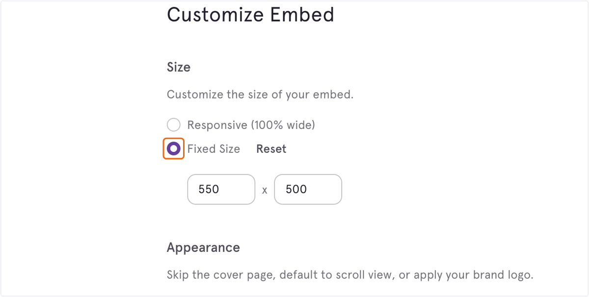 You can also set your embed sizing in the Preview page