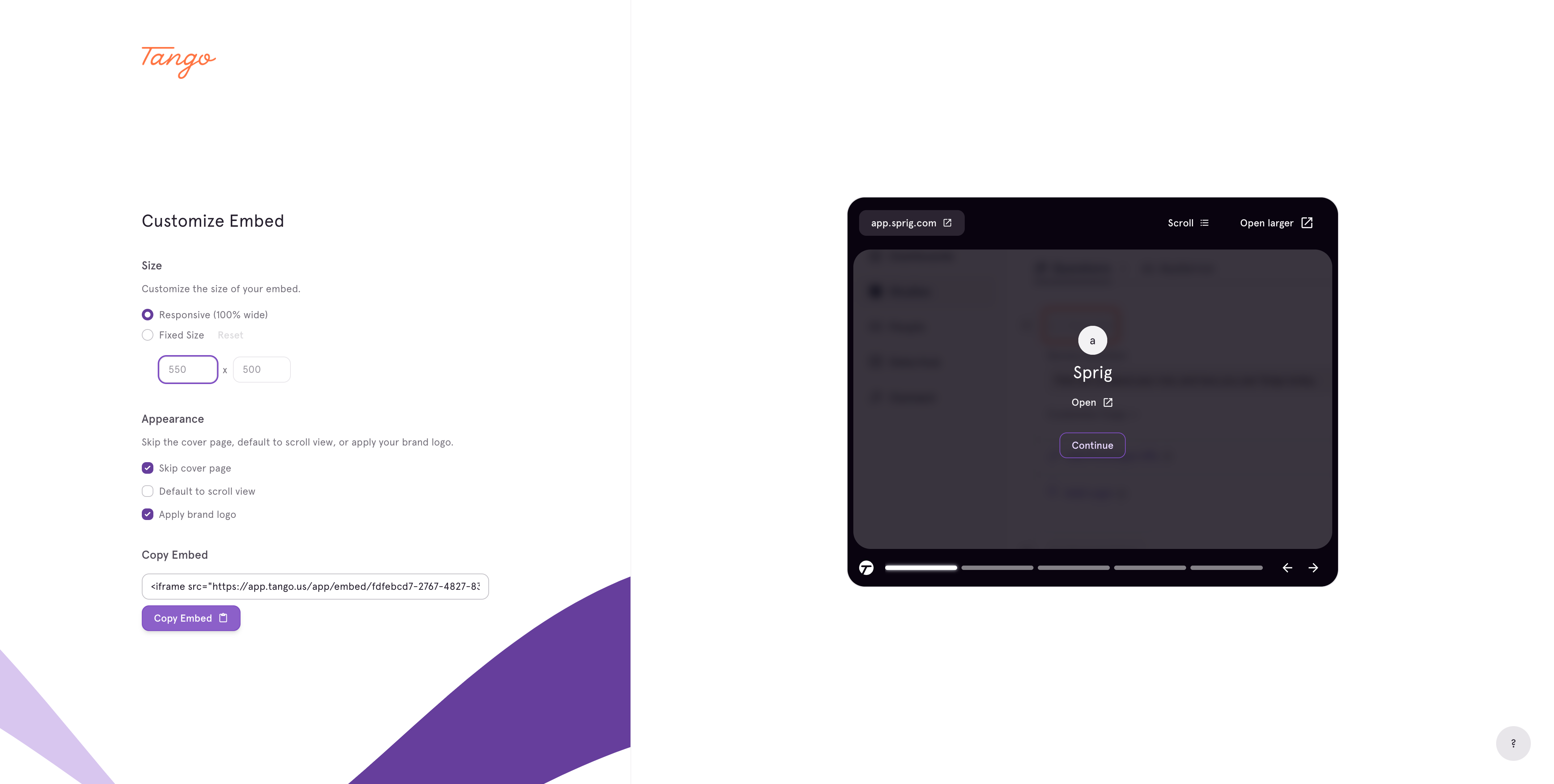 Click on Copy Embed to take your customized Tango to the platform of your choice!!