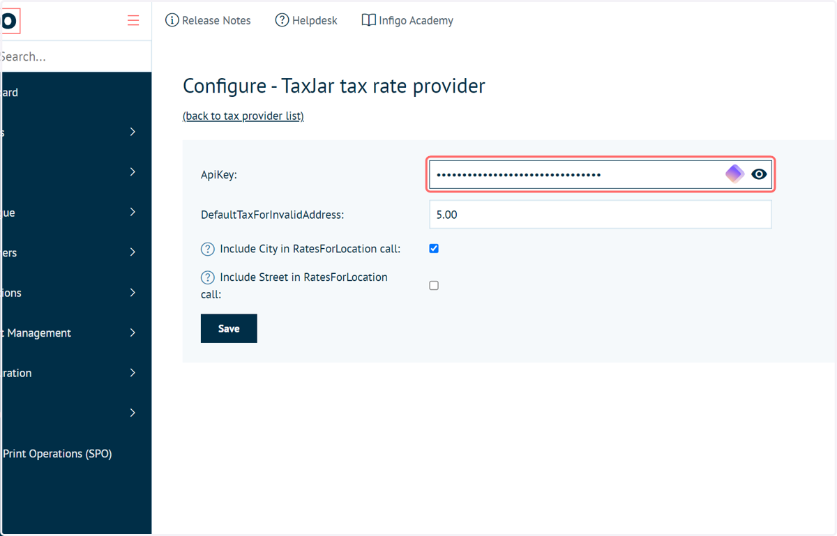 Input the copied token into the ApiKey field of your Infigo TaxJar configuration