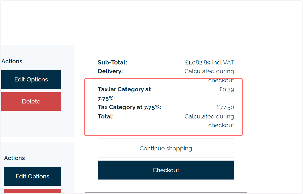 The basket can be configured to display the amount of tax calculated, along with the rate drawn from TaxJar.