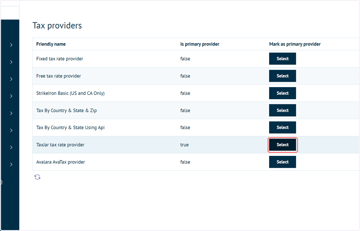 Mark TaxJar as the primary tax provider by clicking Select on the relevant row