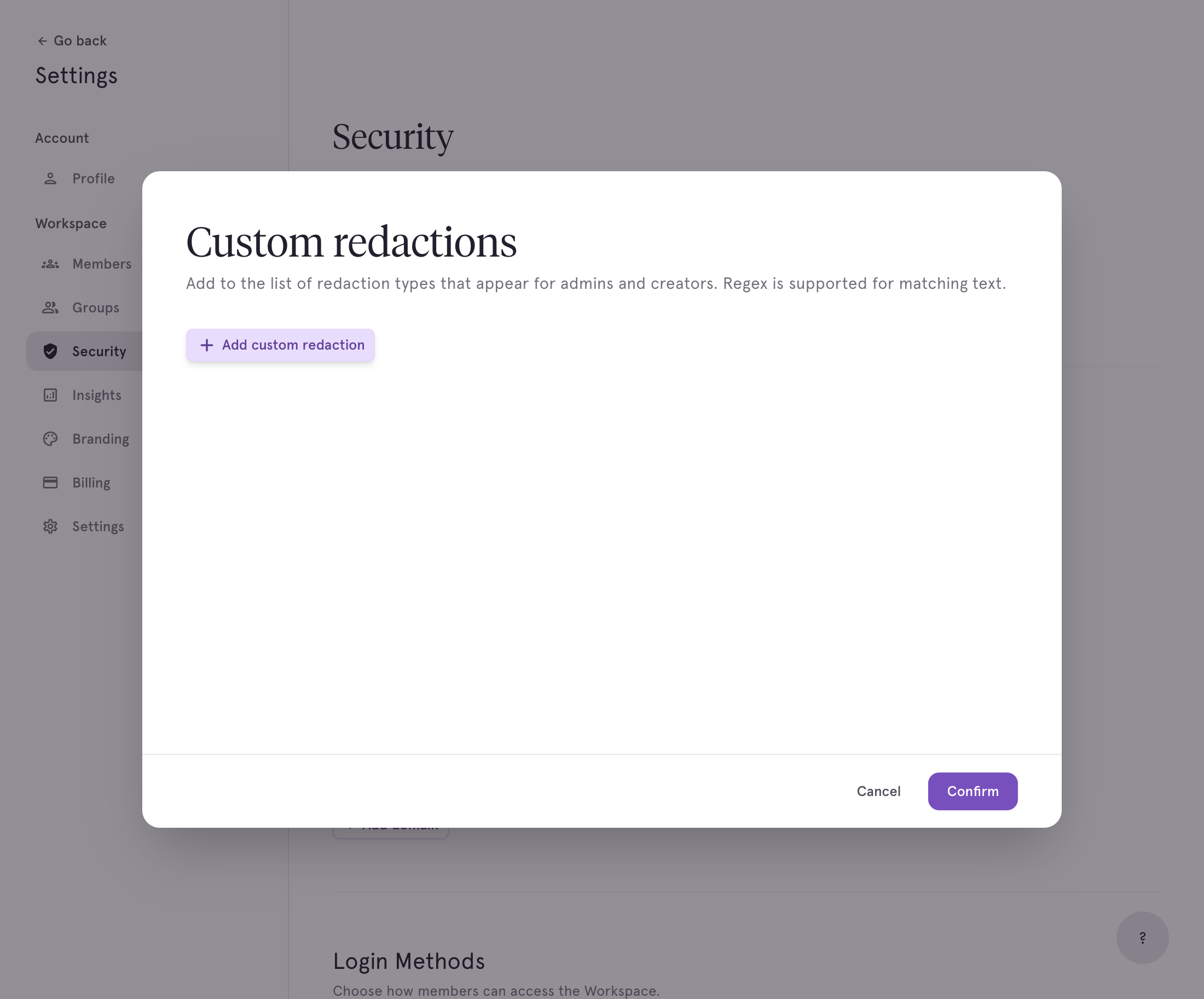 Click on Add custom redaction to create a new redaction