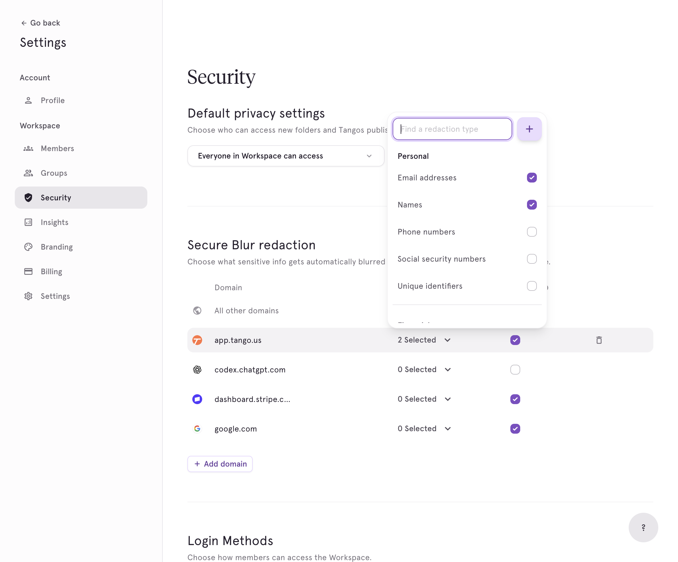 A. Click on Secure Blur selection dropdown B. Click on the "+" Icon to add custom redactions