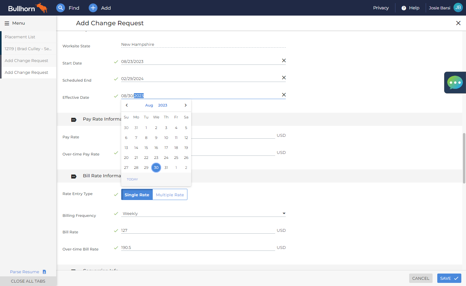Change the Effective Date to the new pay/bill effective date