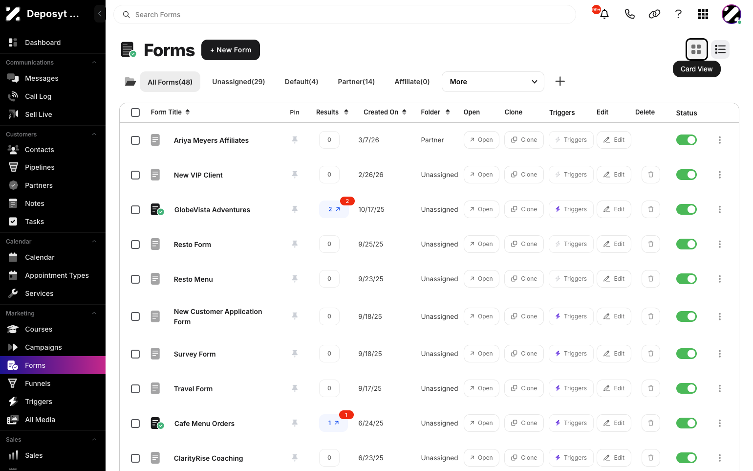Step 2: You will then be navigated to Forms. Click on the Card view to change to Card view.
