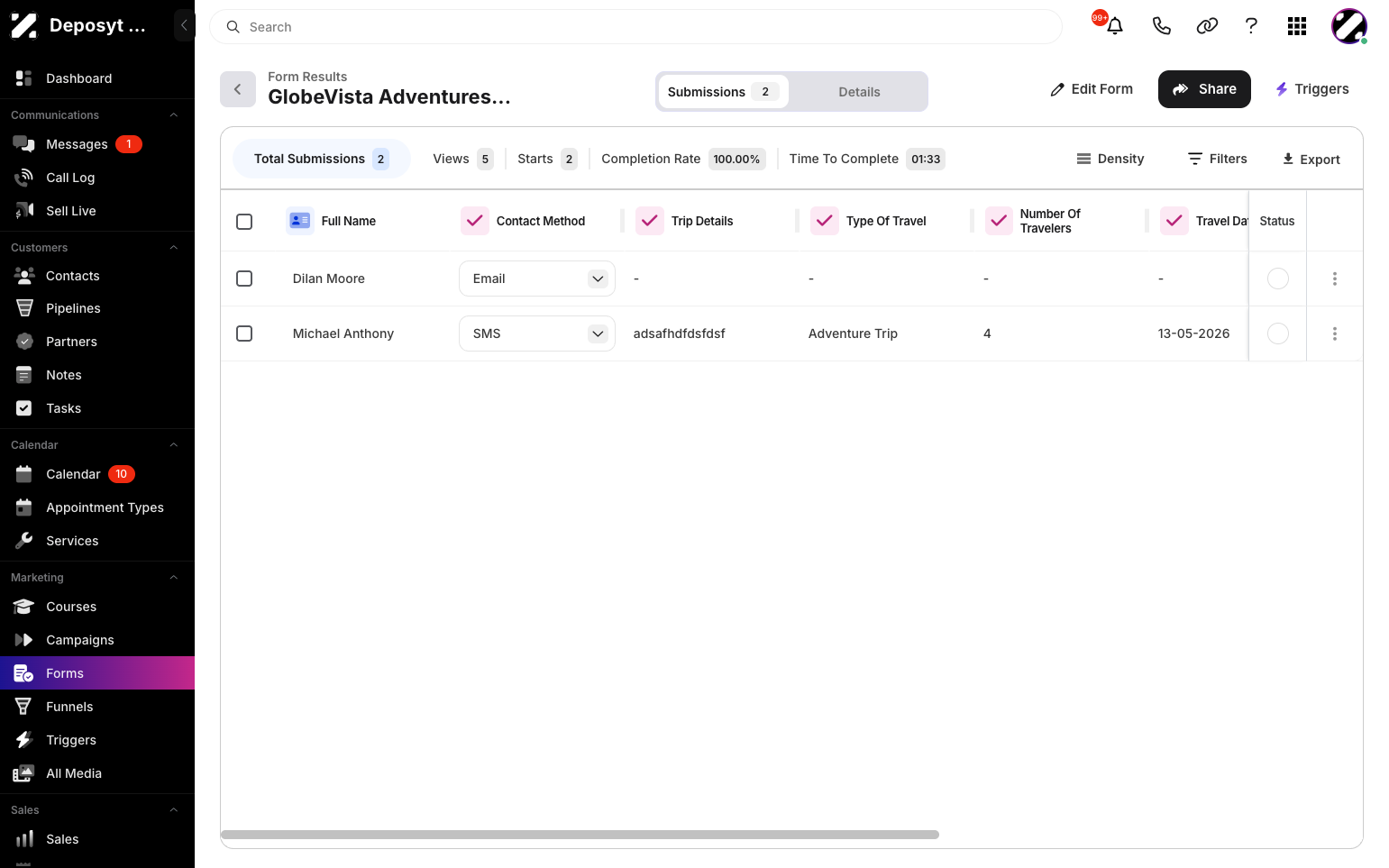 Step 6: There's also an option to edit the density of the folder, a way to filter the form results, or export the form results.