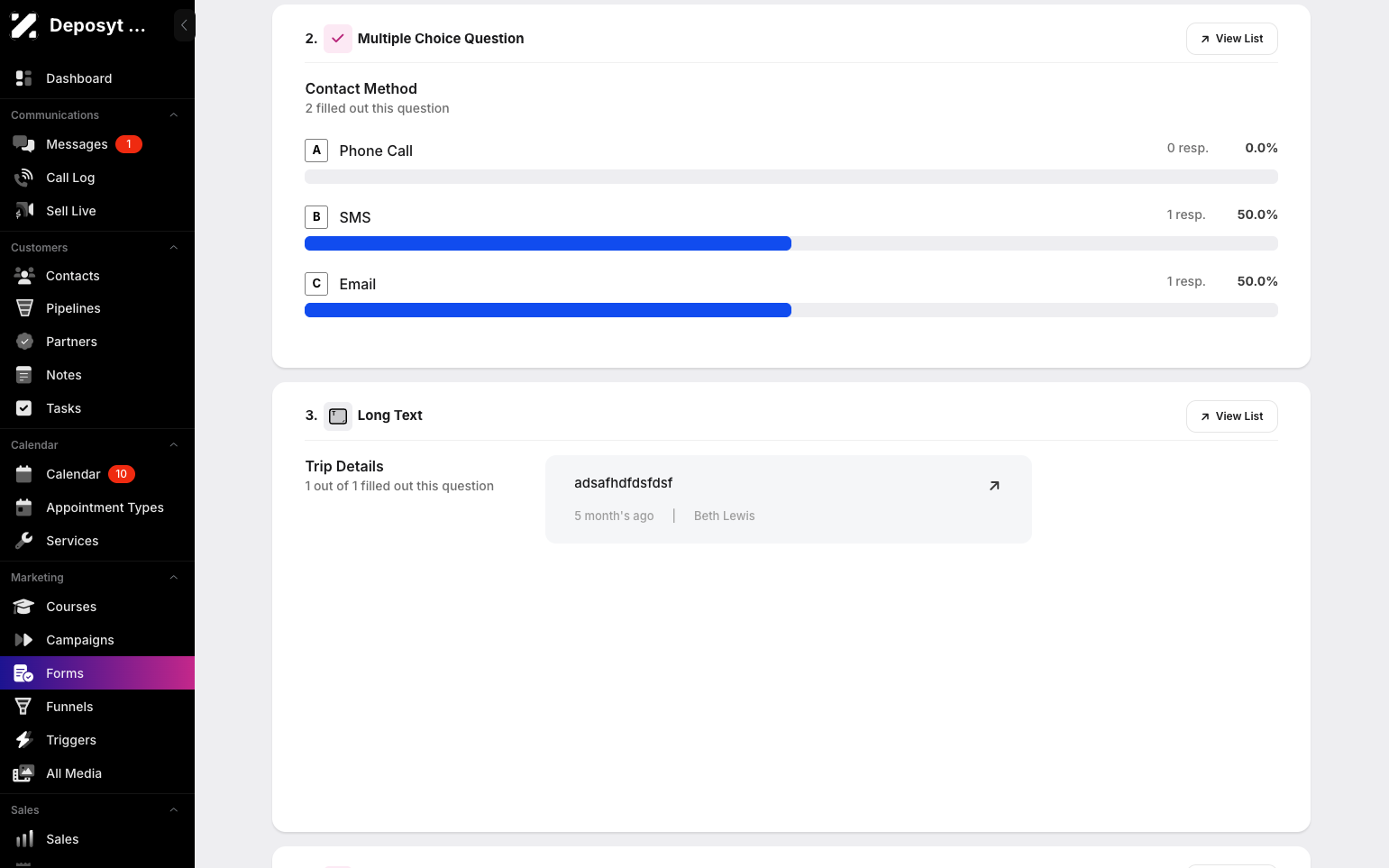 Step 12: You can view long-text answers, dropdown responses, and the percentage of respondents who selected each choice.