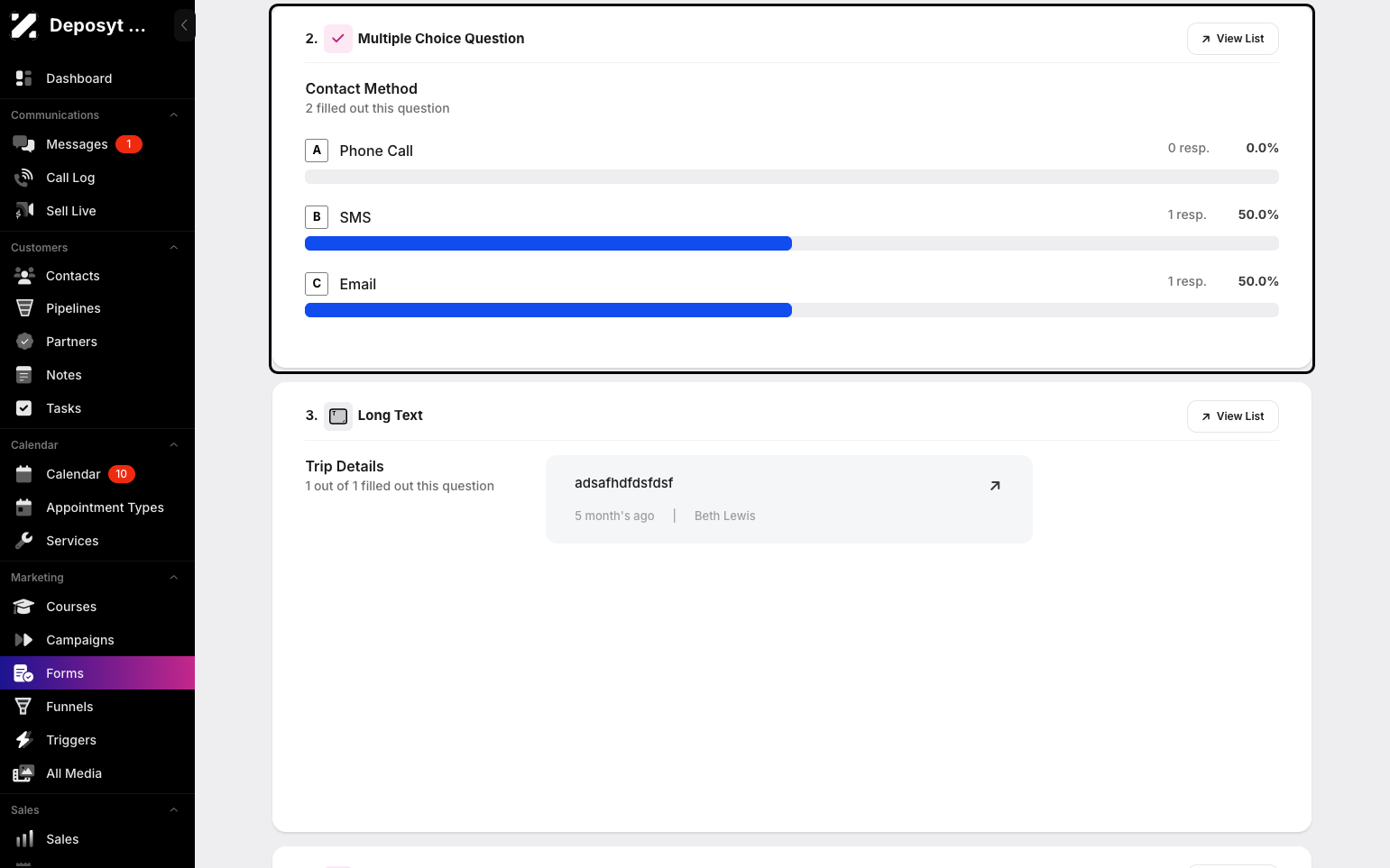 Step 12: You can view long-text answers, dropdown responses, and the percentage of respondents who selected each choice.
