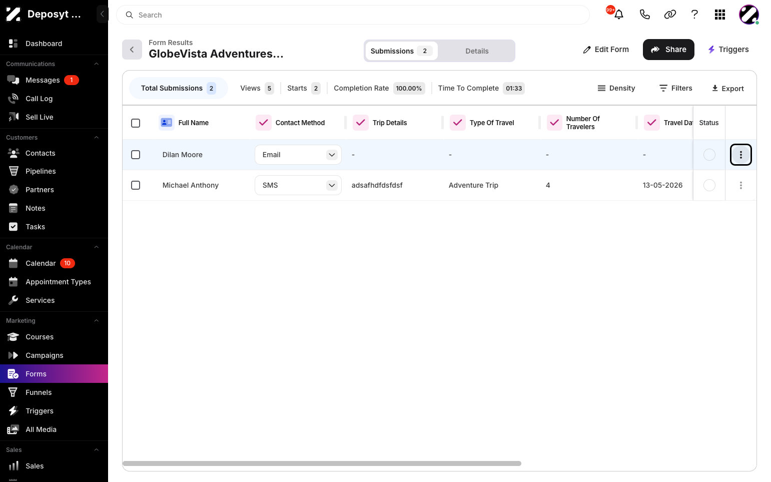 Step 8: Click the three-dot menu button to view more options, such as going to the profile, editing the profile, deleting the entry, or using shortcuts to call, send a message, send an email, or create a booking for the selected customer.