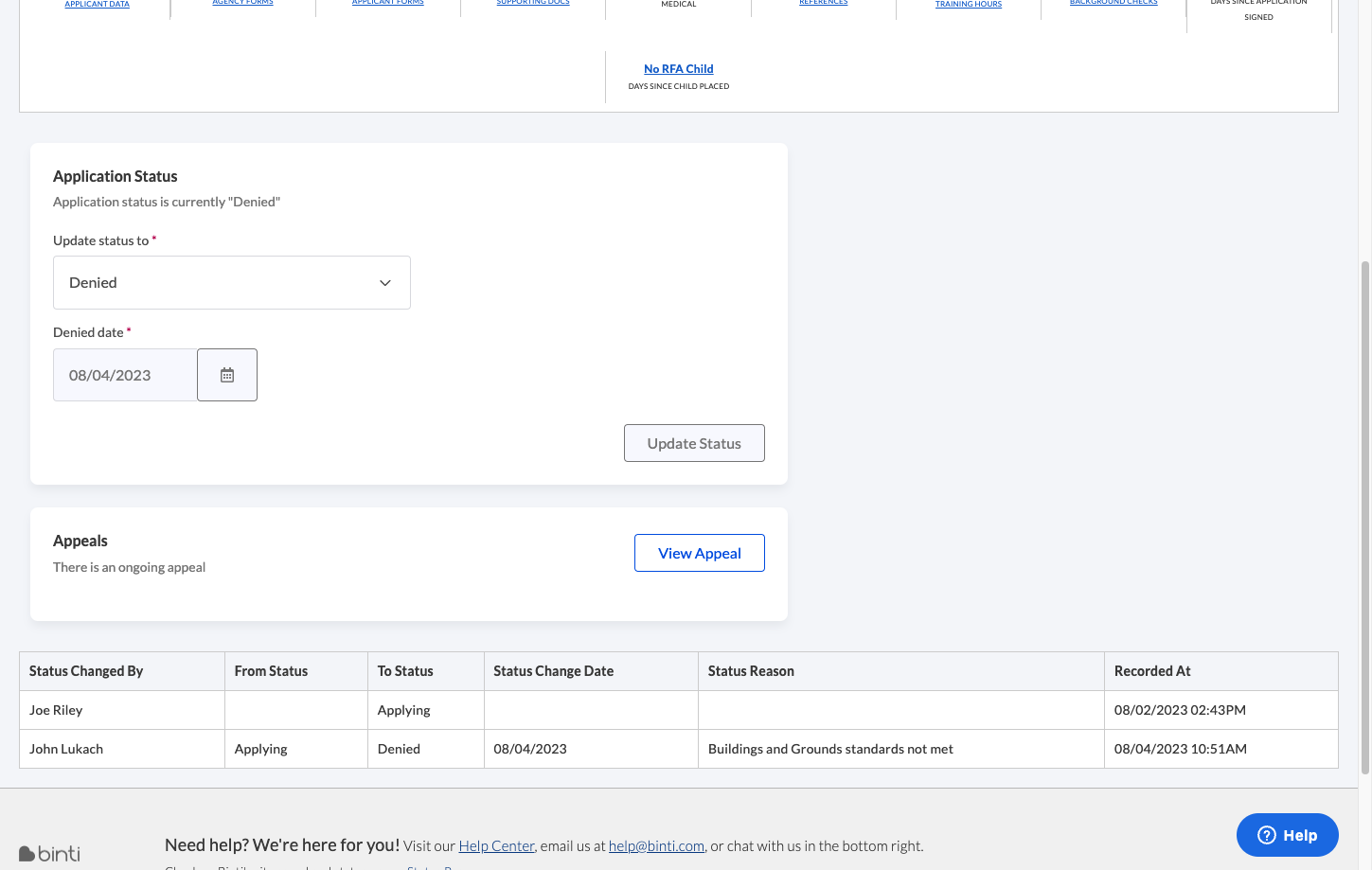 The Change Application Status page will indicate an appeal in progress
