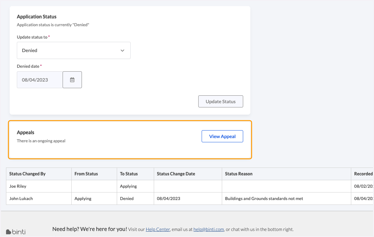 The Change Application Status page will indicate an appeal in progress