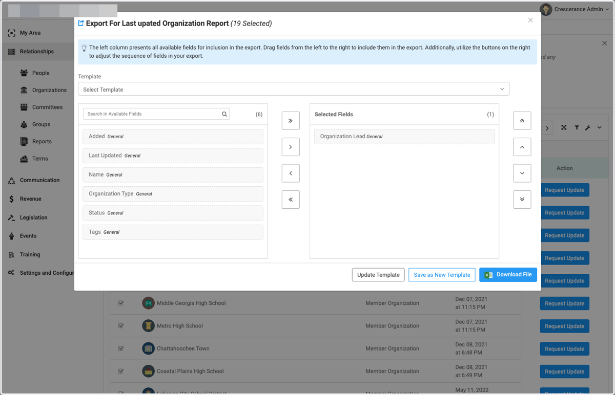 A pop up will open for you to select your fields for the export report