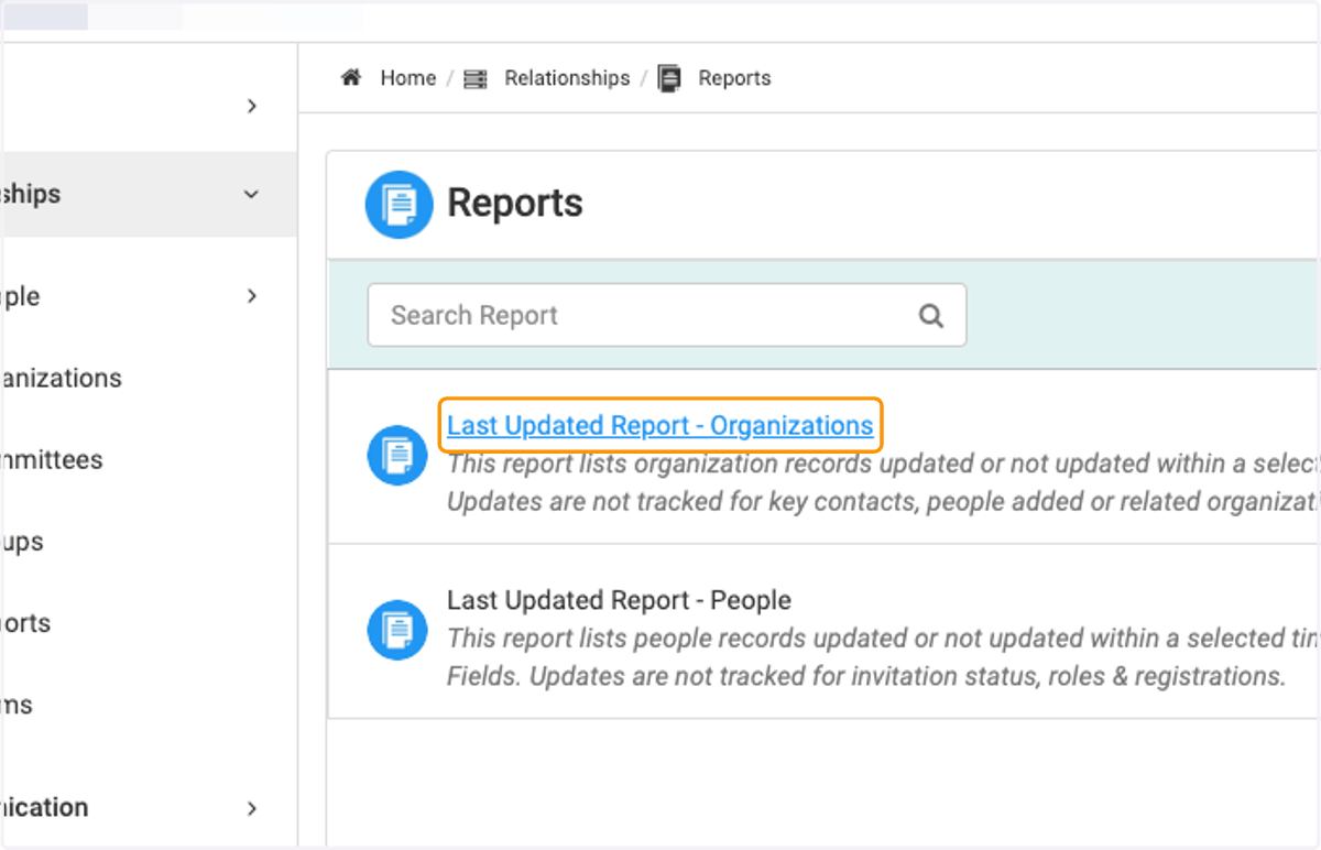 Click on Last Updated Report - Organizations