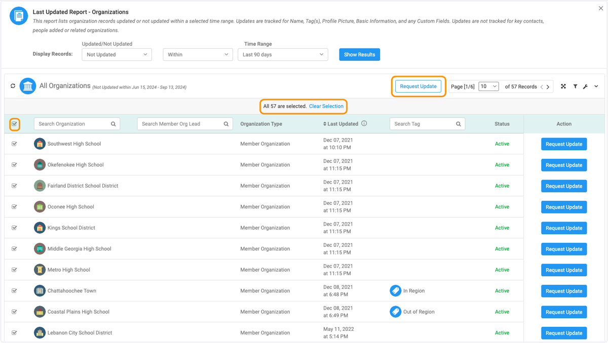 Check the box to Select All and then click the Request Update to send a mass request to update email.