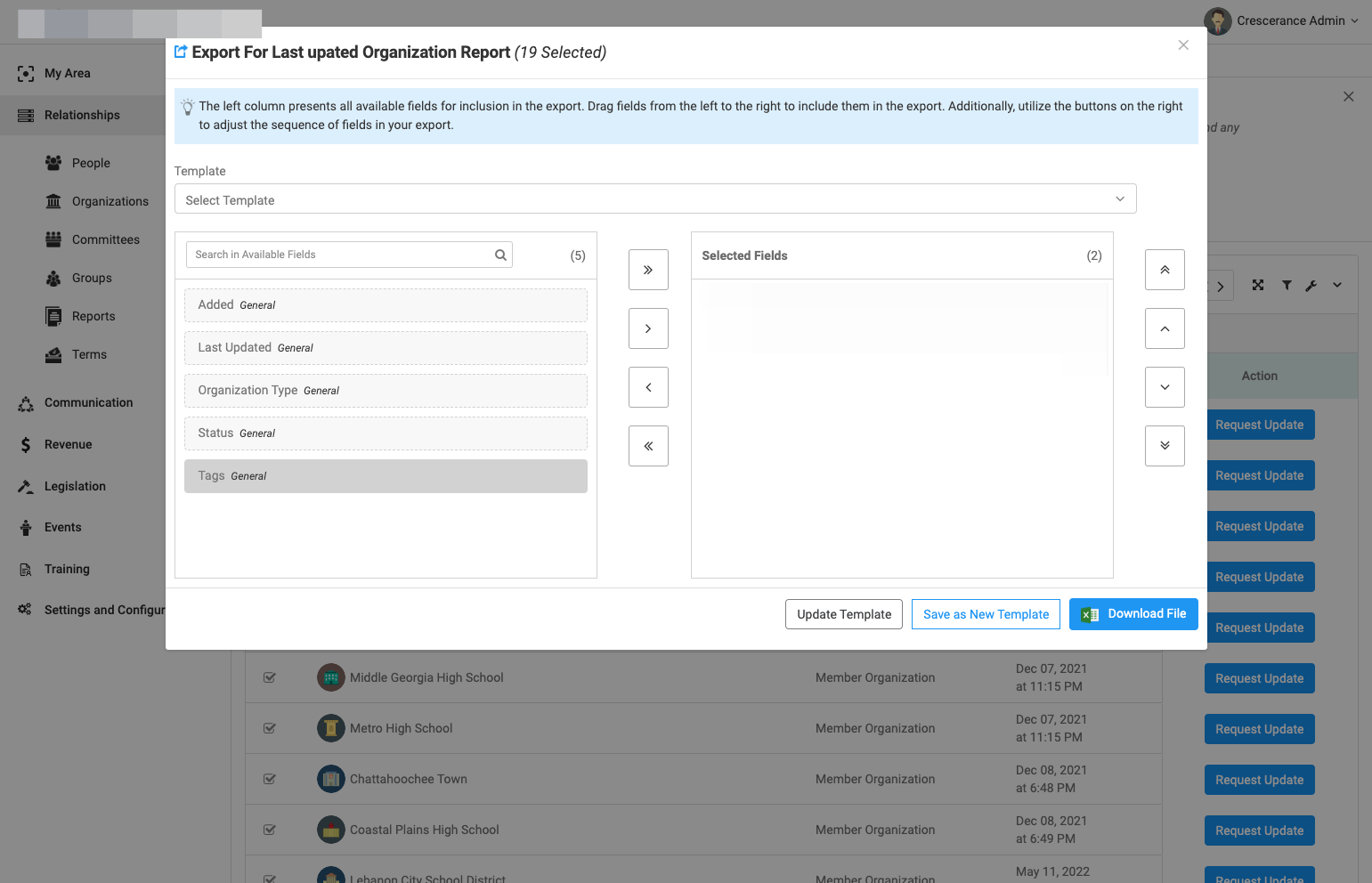 Begin typing field criteria and drag over to right box