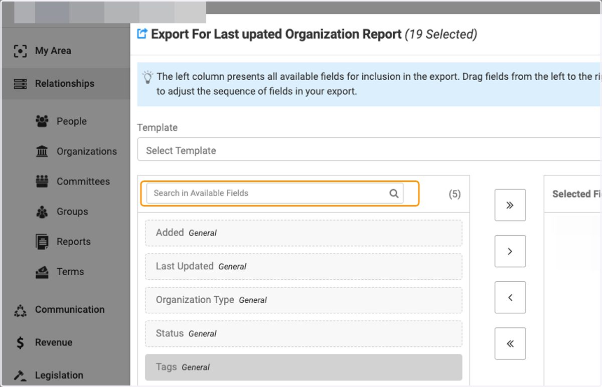 Begin typing field criteria and drag over to right box