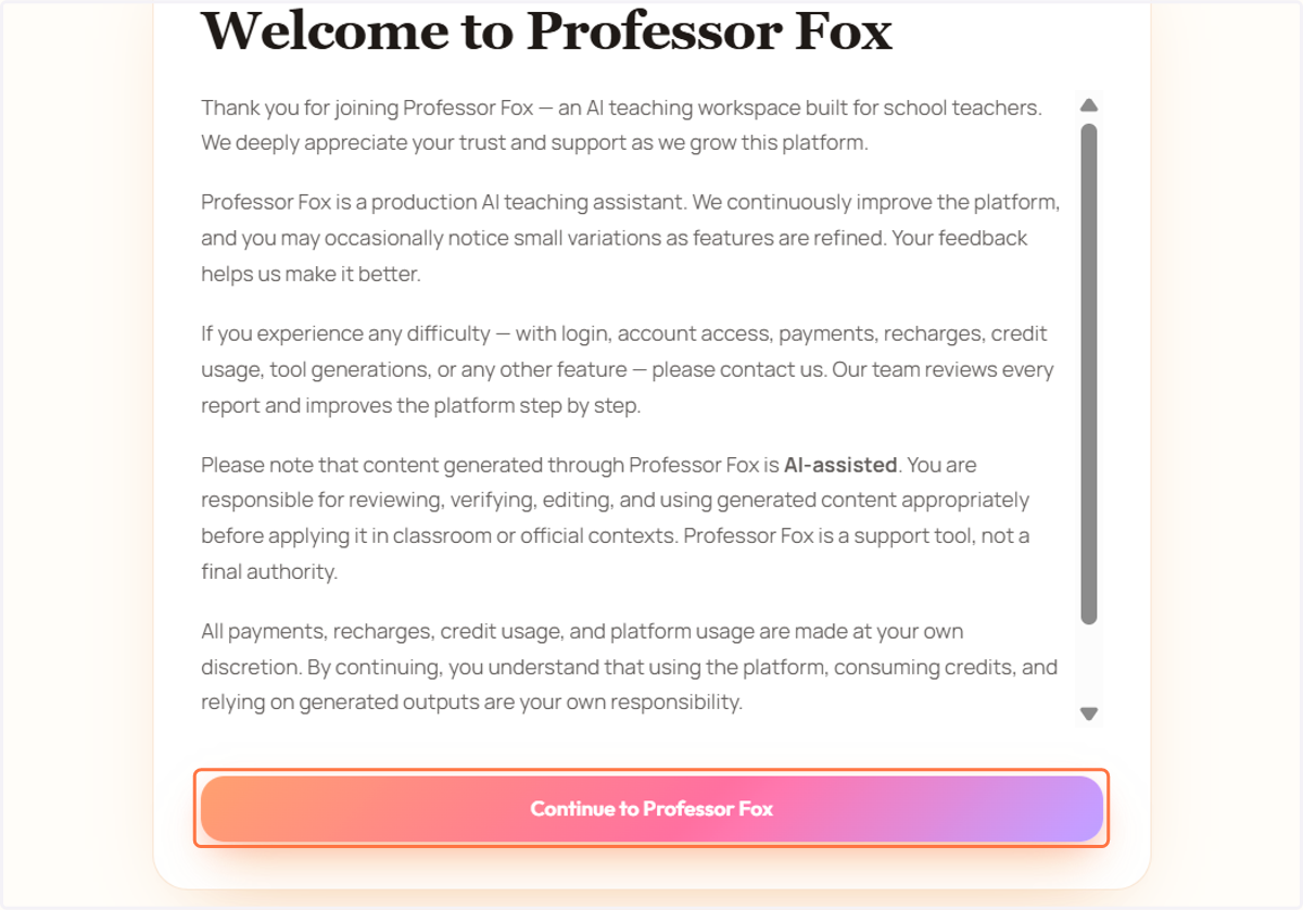 Click on Continue to Professor Fox