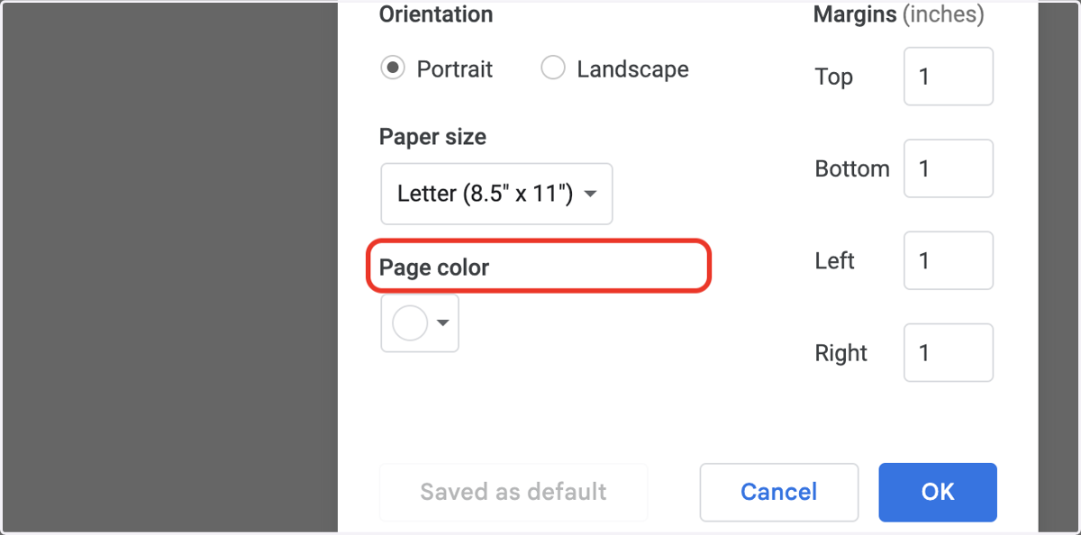 You can change Paper Size and Page Color of the doc here too.