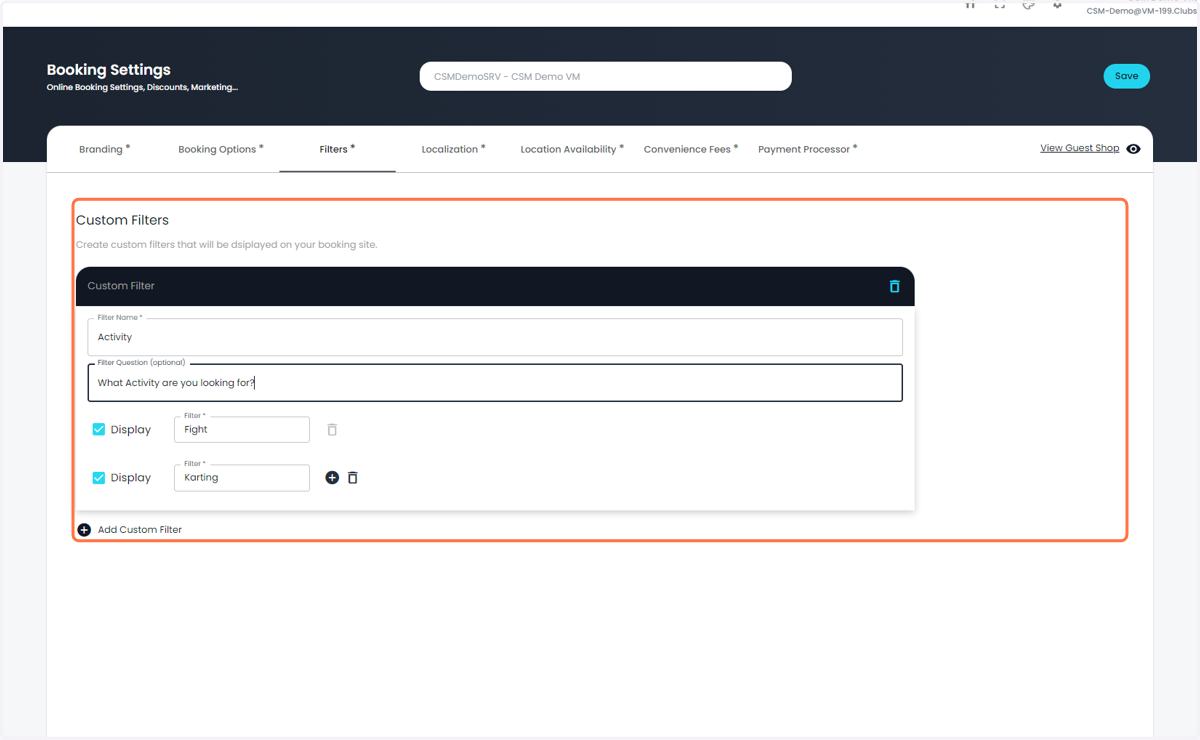 Add Custom Filters under the Filters tab