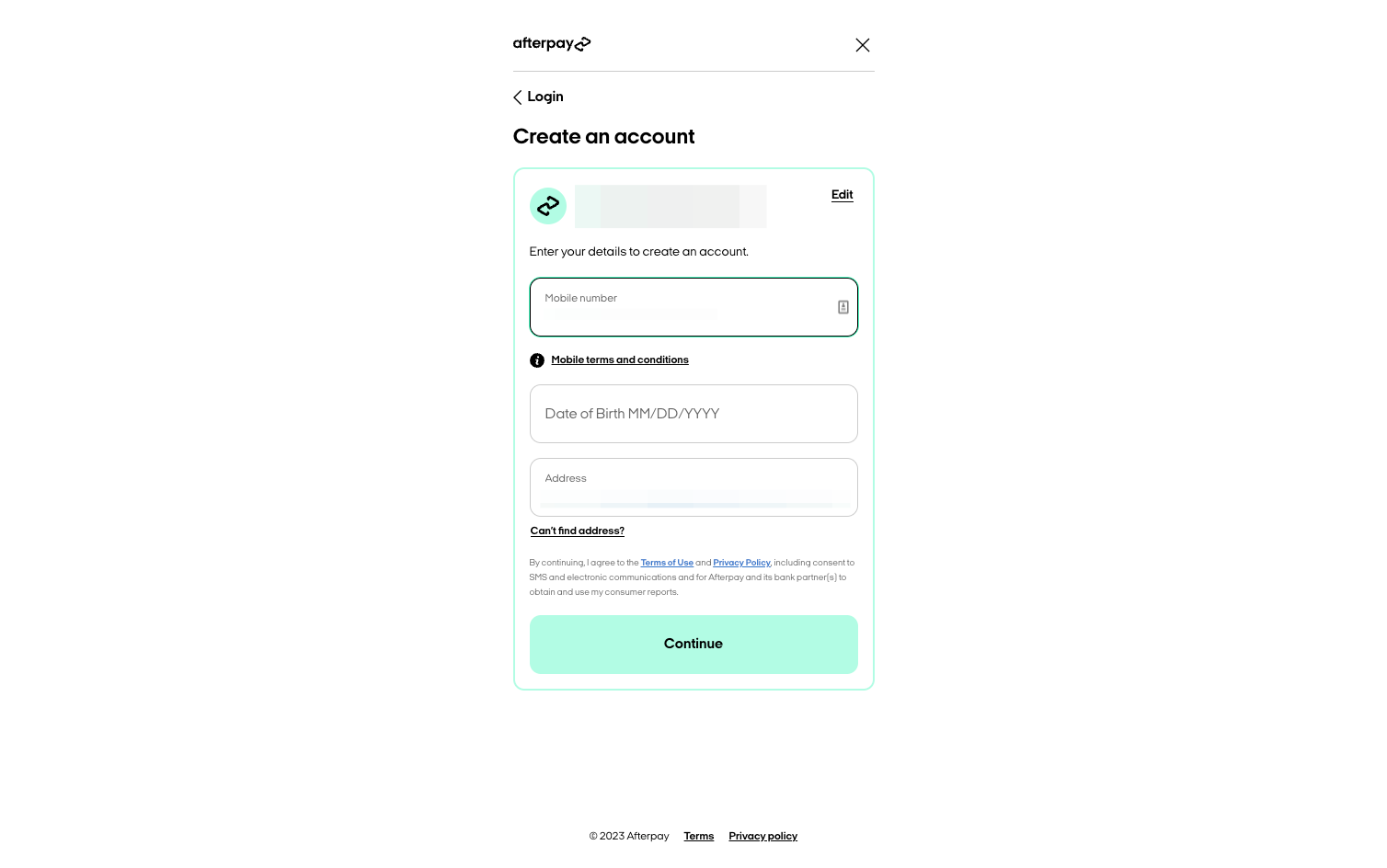 Enter the rest of your details to complete your Afterpay account setup