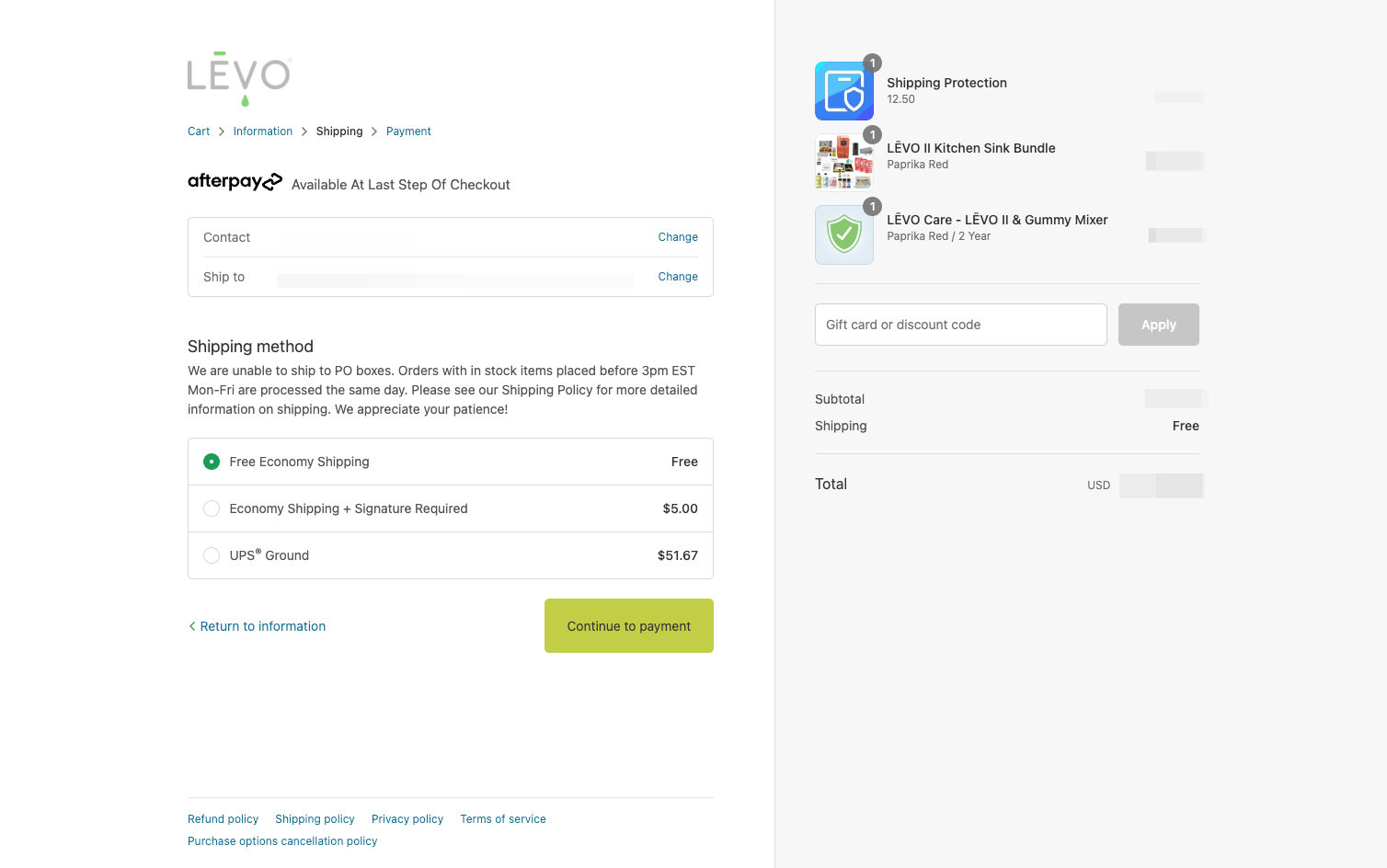 Select your shipping method + click "Continue to payment"