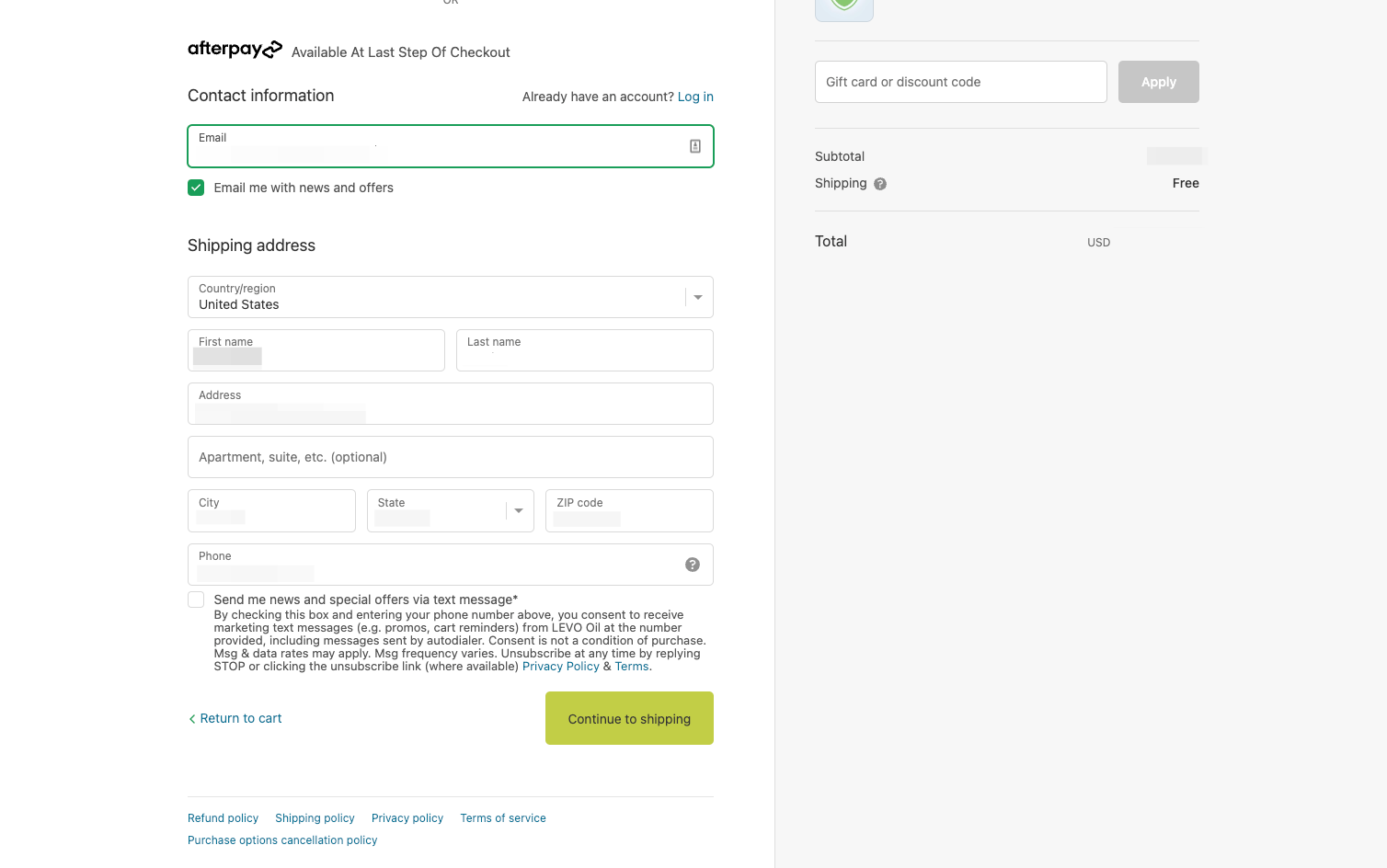 Fill out your contact info + click "Continue to shipping"