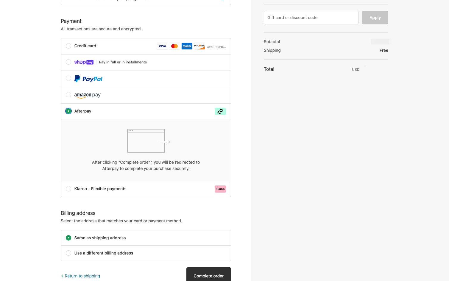 On the payments page, select "Afterpay"