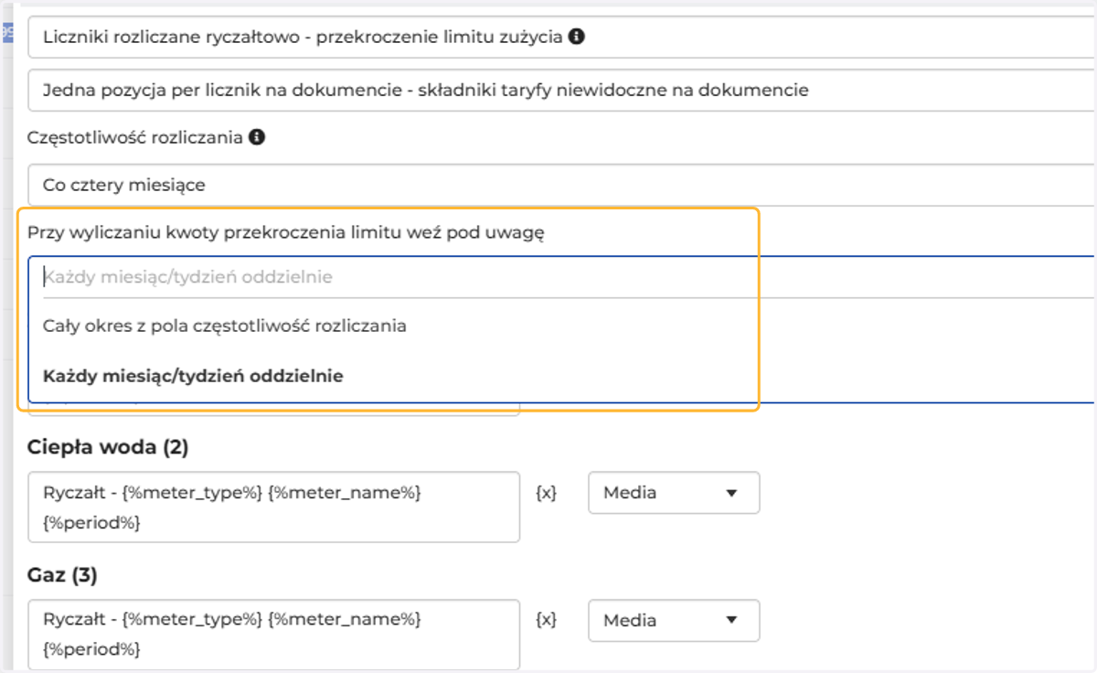 Wybierz jak ma być wyliczana kwota przy przekroczeniu limitu