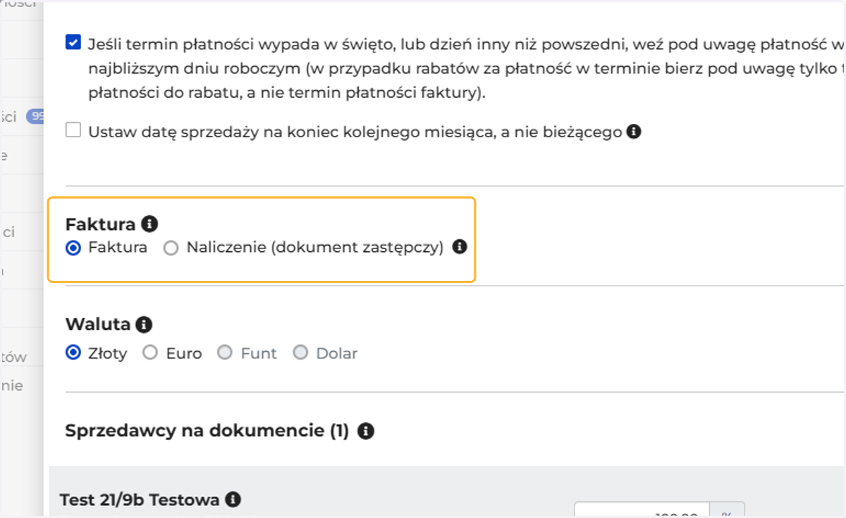 Wybierz typ wystawianego dokumentu