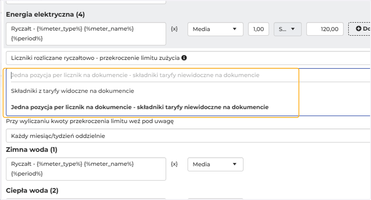 Analogicznie możesz wybrać czy składniki taryf mają być widoczne na dokumencie