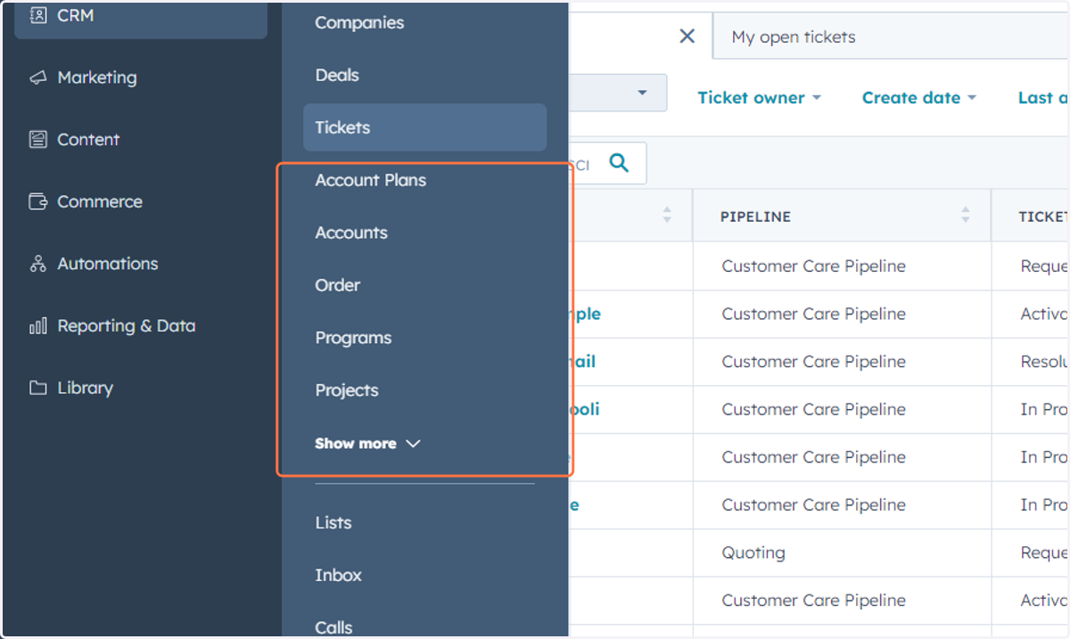 You can access all Custom Objects in your system underneath Tickets