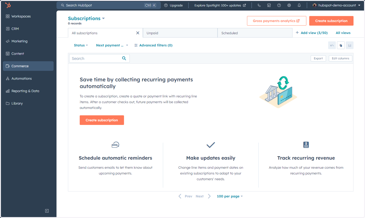 This is where you can access, manage and create Subscriptions