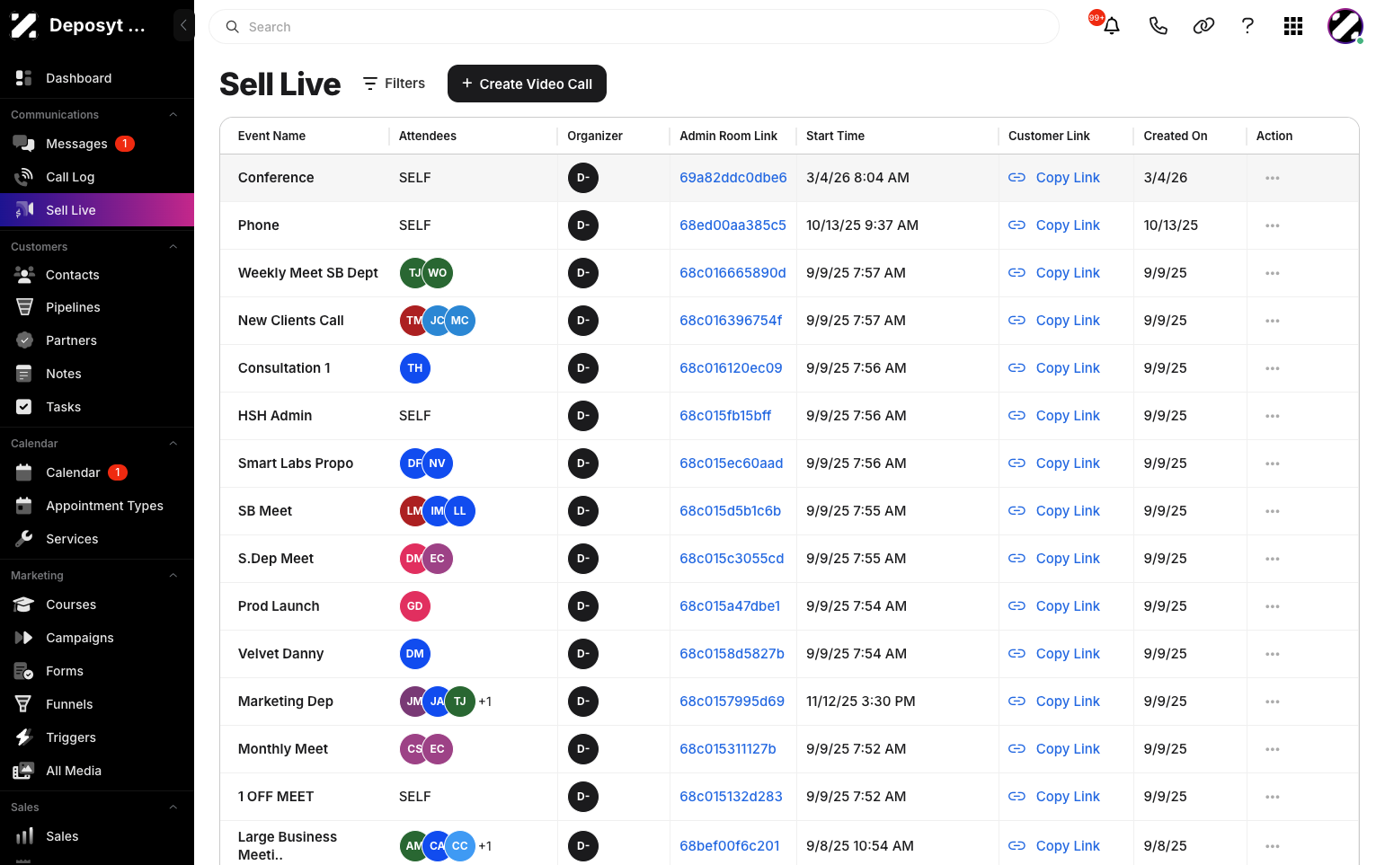 Step 5: You will now see the newly created video call link in the Sell Live overview list.
