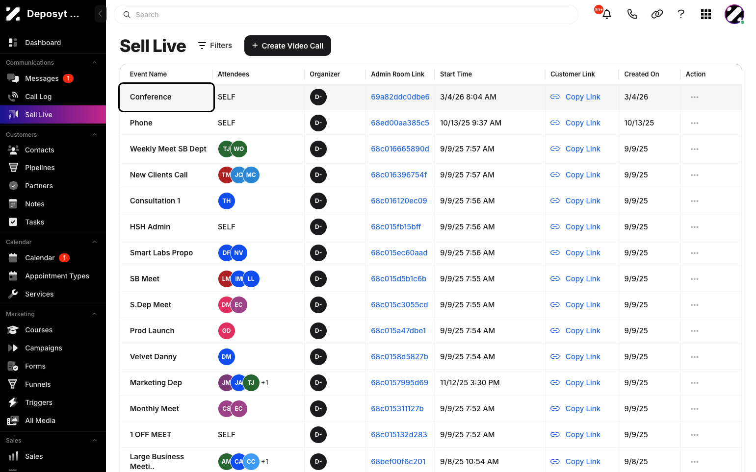 Step 5: You will now see the newly created video call link in the Sell Live overview list.