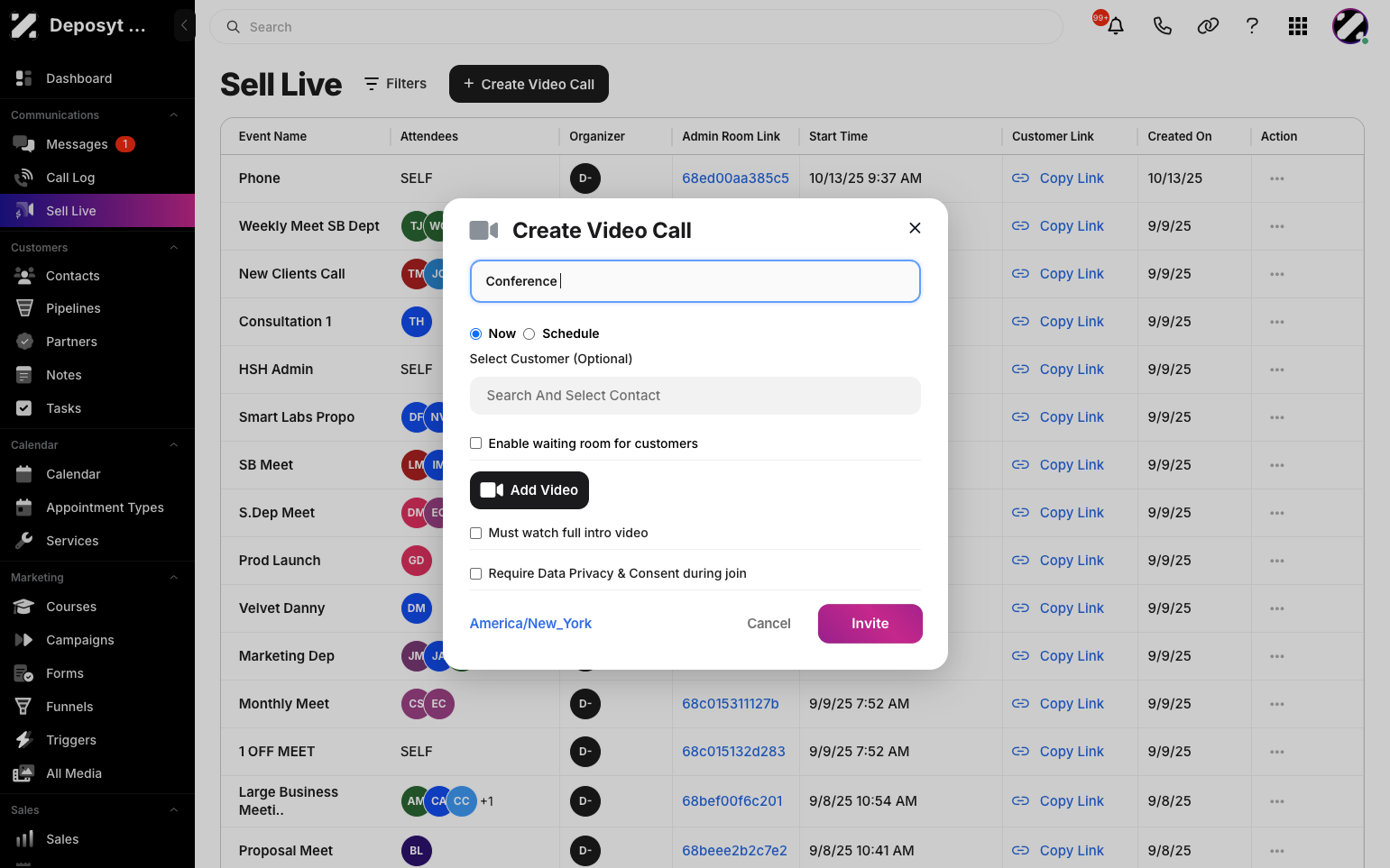Step 4: Then, click the Invite button to create the video call link.