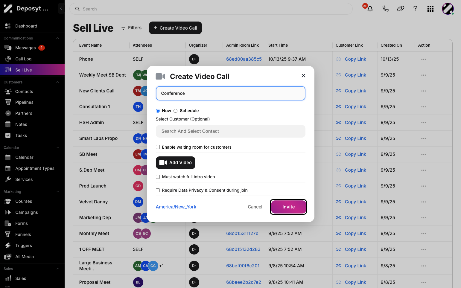 Step 4: Then, click the Invite button to create the video call link.