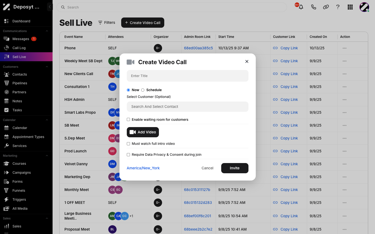 Step 3: A pop-up will appear. From here, you can enter the Video Call Title, create it now or schedule it, select a specific customer, enable the waiting room, require participants to watch the full intro video, and enable the ‘Require Data Privacy & Consent During Join’ option. 