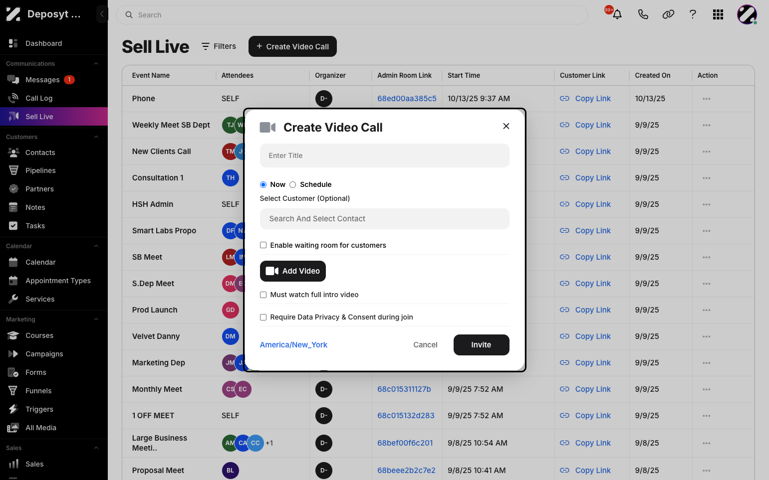 Step 3: A pop-up will appear. From here, you can enter the Video Call Title, create it now or schedule it, select a specific customer, enable the waiting room, require participants to watch the full intro video, and enable the ‘Require Data Privacy & Consent During Join’ option.