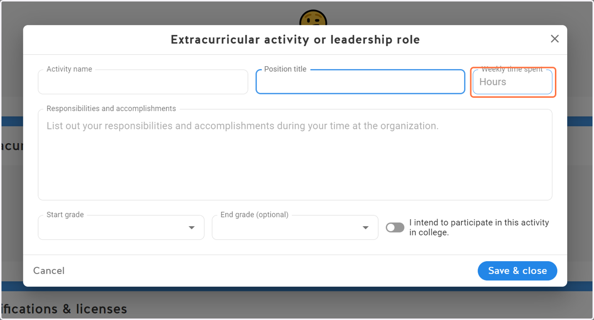 Add the average hours spent on this activity each week