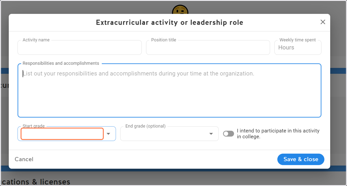 Enter when you started this activity