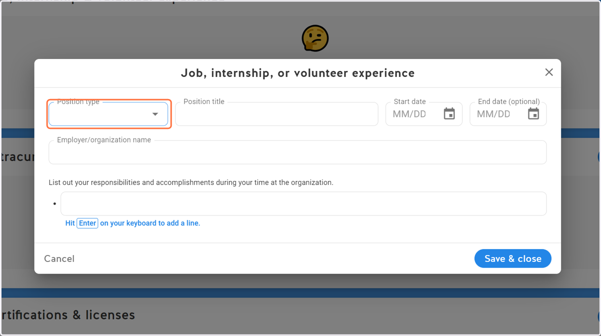 Select the Position type