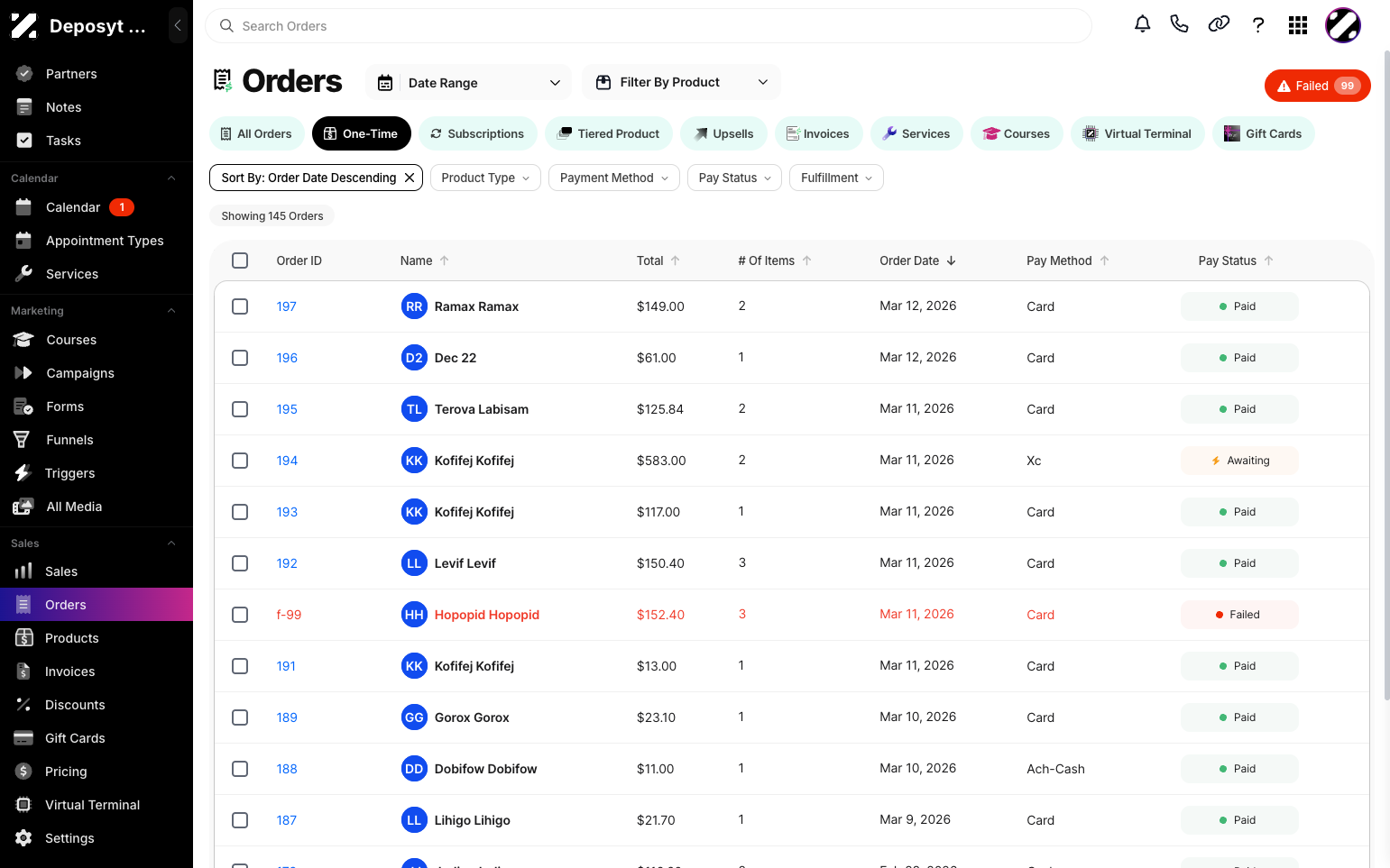 View One-Time Orders