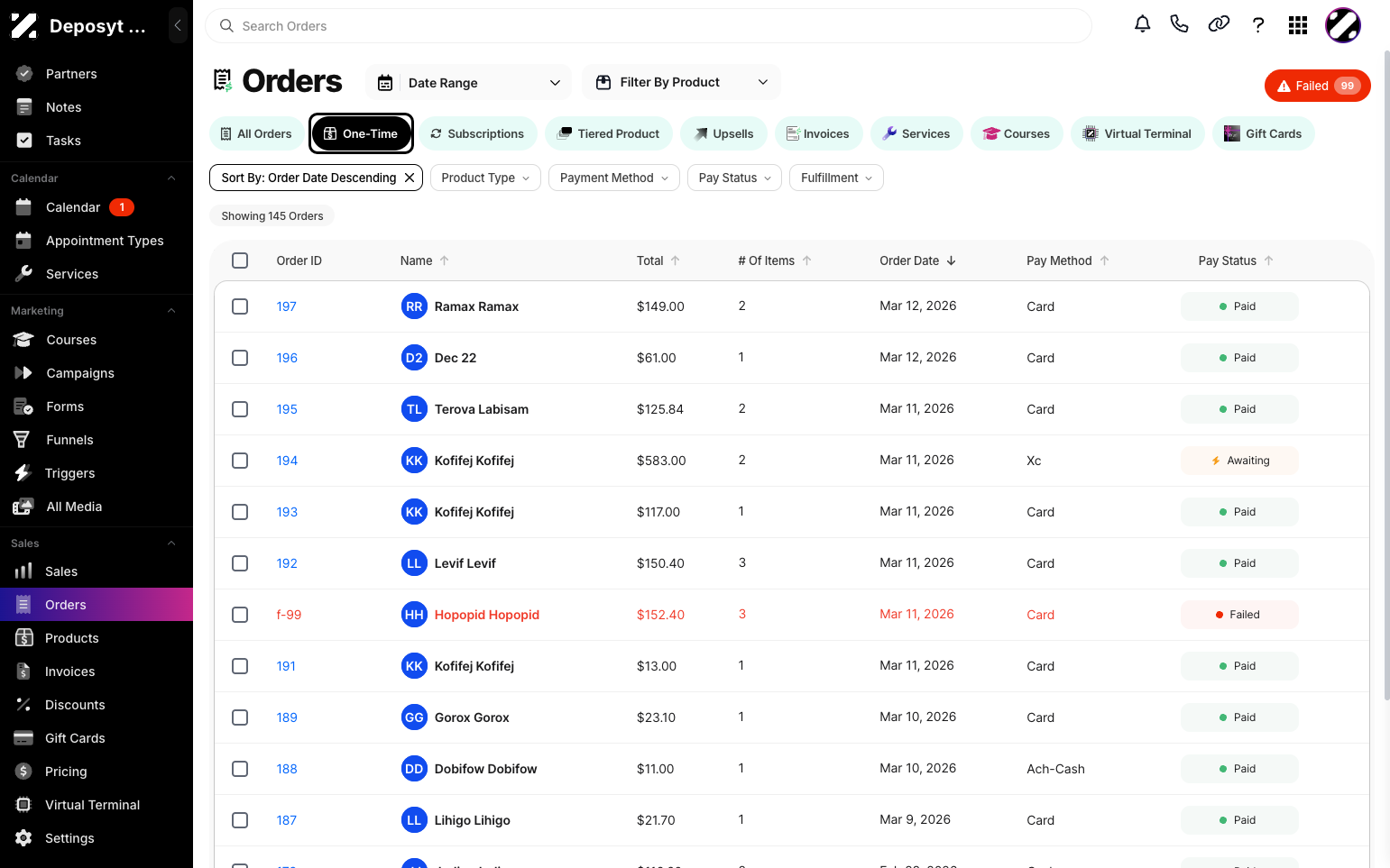Step 3: By default, the All Orders tab is displayed. Click the One-Time button to view one-time orders. Here, you can see Order ID, Customer Name, Total Amount, Number of Items, Order Date, Payment Method, and Pay Status.