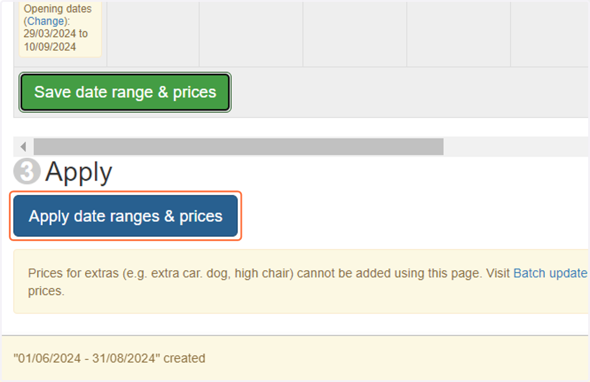 When you've finished, click on 'Apply date ranges & prices' to apply all of the tariff(s) and pricing to the pitch type(s)