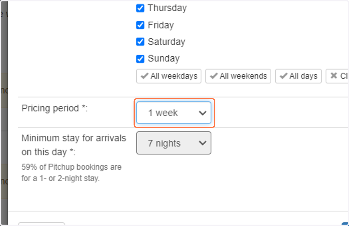 Select the pricing period (the number of nights the price buys) and minimum stay