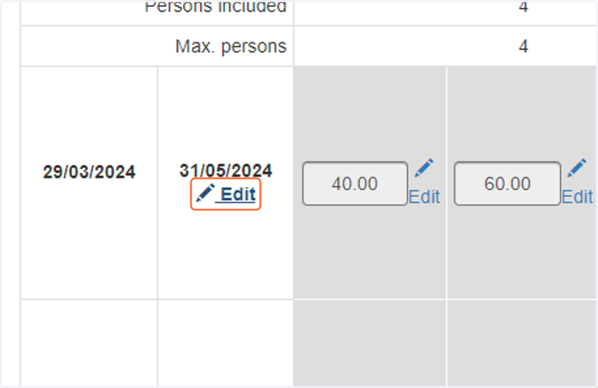 The edit button also works for dates: a useful feature if you'd like to apply the same or similar pricing next year