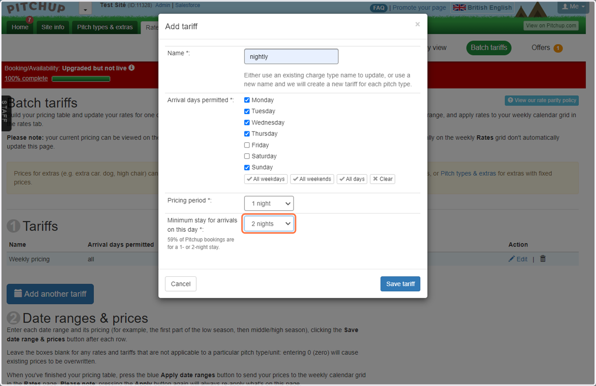 Example of how to set up a nightly tariff with a minimum 2-night stay rule