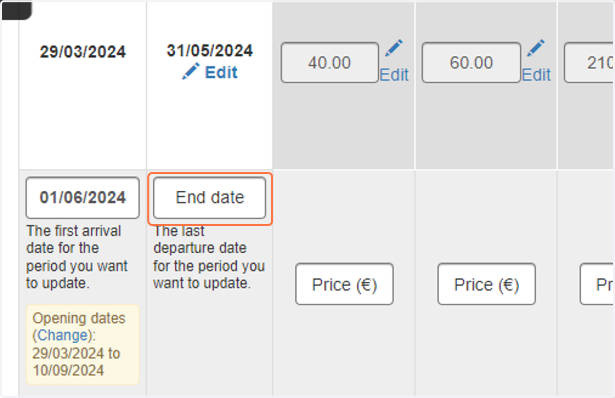 Repeat steps 12 to 14 for each pitch type until the grid is complete. Then click 'Save date range & prices'.