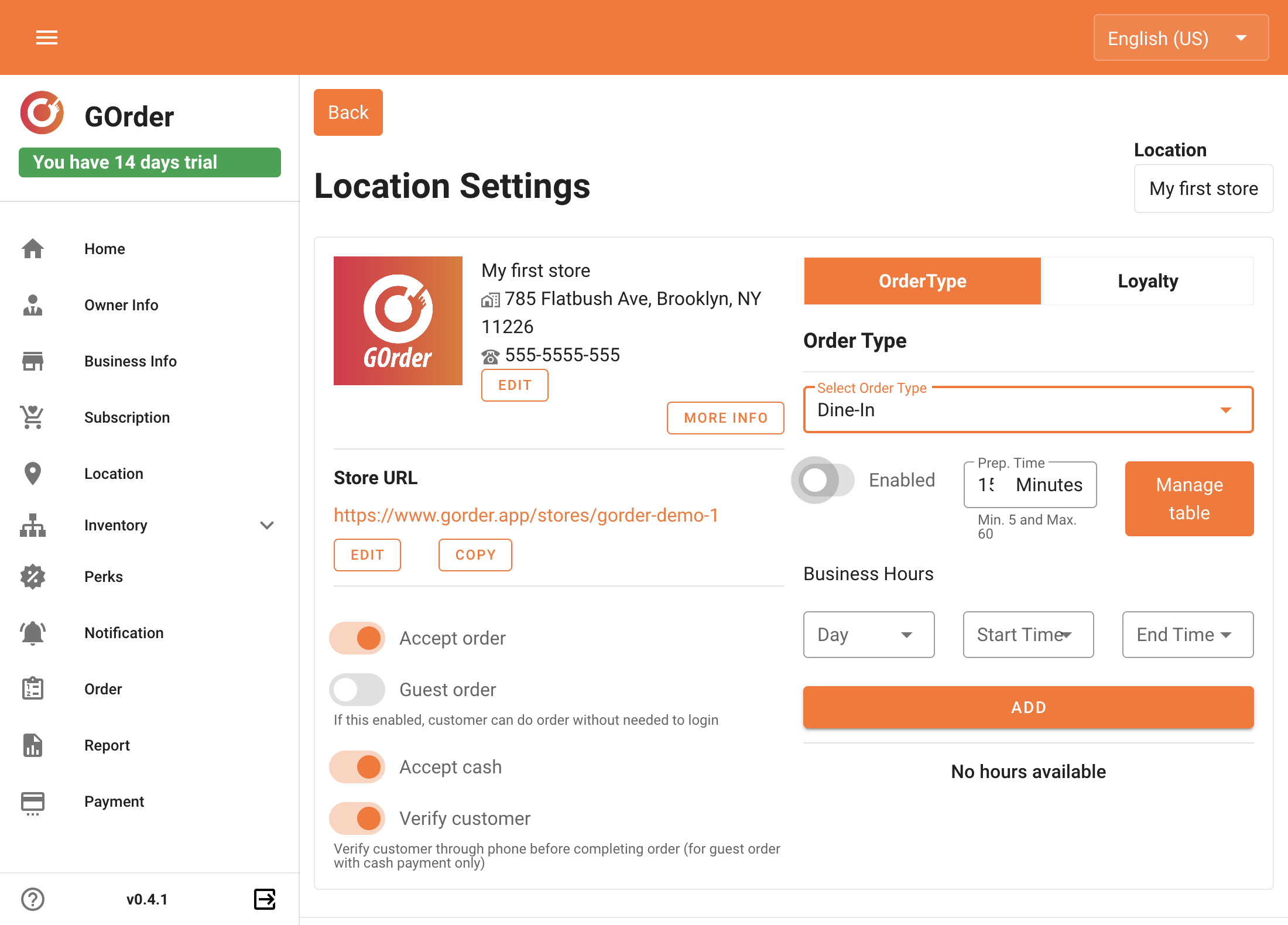 To enable the order type, you can click the toggle. Enable it after you're ready.